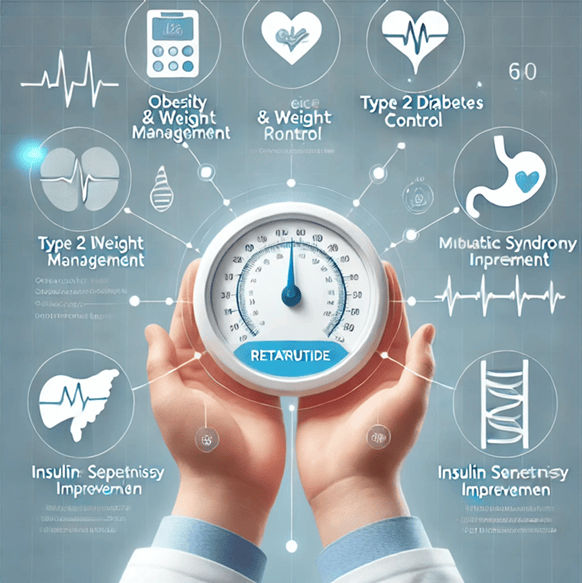 Hands holding a scale labeled "Retatrutide" surrounded by icons showing its health benefits like weight loss and diabetes control.