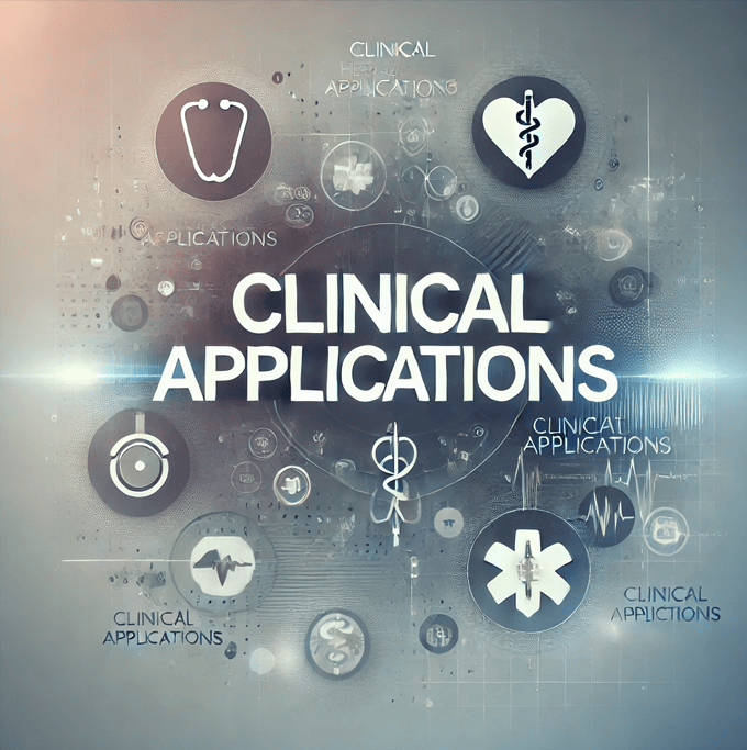 Futuristic graphic with the words "Clinical Applications" in bold, surrounded by medical icons such as a stethoscope, heart with caduceus, medical cross, and ECG