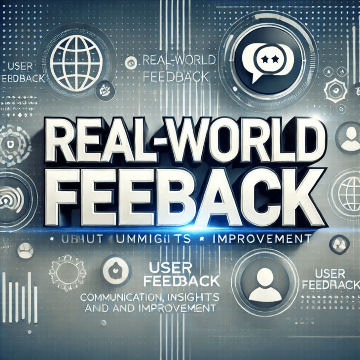 Futuristic design featuring the bold text "REAL-WORLD FEEDBACK" at the center, surrounded by icons of speech bubbles, globes, and user silhouettes, representing communication, insights, and improvement.</p>
<p>Let me know if you want a version optimized for accessibility, SEO, or a specific platform.
