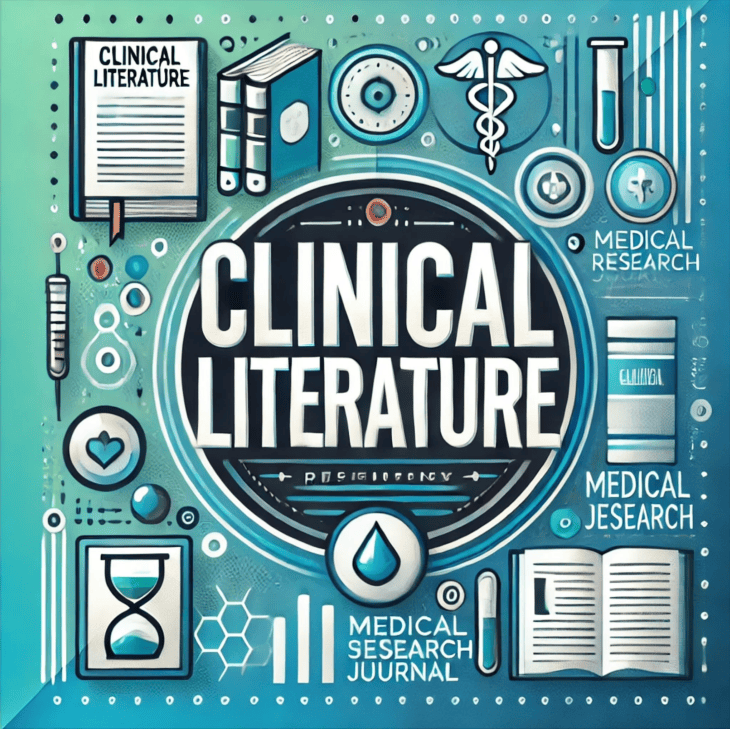 Illustration themed around clinical literature and medical research, featuring books, scientific icons (like syringes, caduceus, petri dishes, and test tubes), and various labeled text elements such as "CLINICAL LITERATURE," "MEDICAL RESEARCH," and "MEDICAL RESEARCH JOURNAL." The design uses teal and blue tones with a futuristic, infographic-like style. Some text is misspelled, such as “MEDICAL SESERACH JUURNAL.”