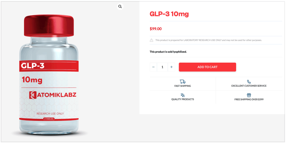 A product listing for "GLP-3 10mg" by AtomikLabz, priced at $99.00. The image shows a vial labeled "GLP-3 10mg" with red and white branding and the text "RESEARCH USE ONLY." The product is noted to be lyophilized and intended strictly for laboratory research use. Additional features include fast shipping, excellent customer service, quality products, and free shipping on orders over $399