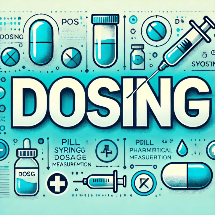 An illustrated graphic centered around the word "DOSING" in large, bold letters. Surrounding the text are various medical icons including pills, syringes, vials, dosage labels, and pharmaceutical symbols. The color scheme is predominantly teal and blue, and some text elements include intentionally stylized or misspelled words like "SYRINGG" and "PHARMATICAL MEASUERMENT." The image conveys the theme of medication dosing and administration.