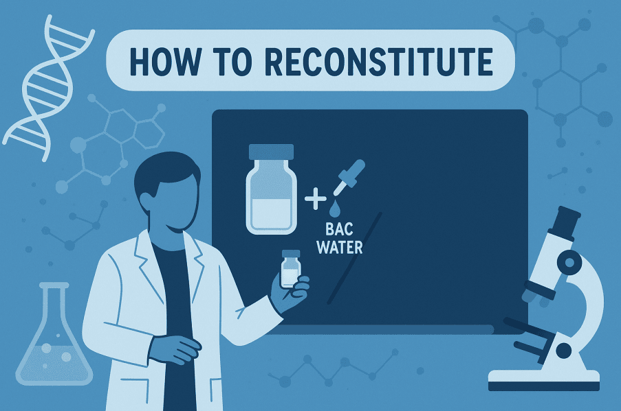 Illustration showing how to reconstitute a vial using BAC water, featuring a scientist, dropper, and lab equipment