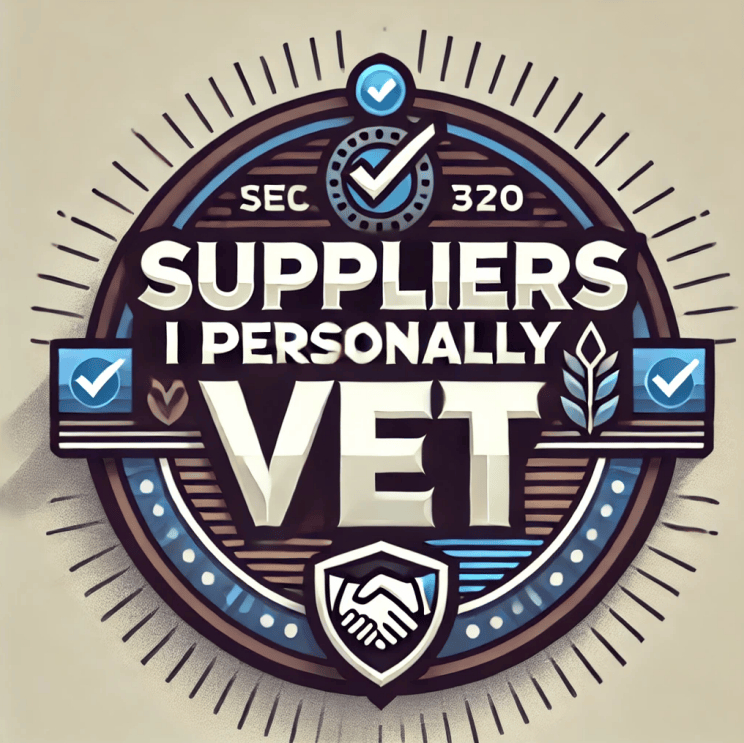 Suppliers I Personally Vet badge with check marks and handshake icon