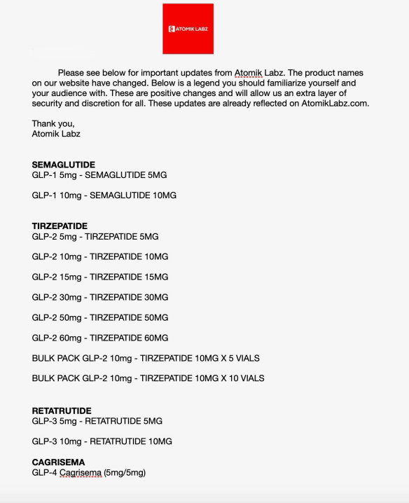 Product naming legend update from Atomik Labz showing new GLP-1, GLP-2, GLP-3, and GLP-4 identifiers for research peptides