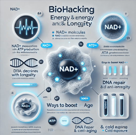 Infographic explaining the role of NAD+ in energy production, DNA repair, and longevity with various diagrams and labels