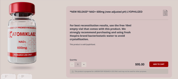 Atomik Labz NAD+ 600mg lyophilized peptide vial product page.