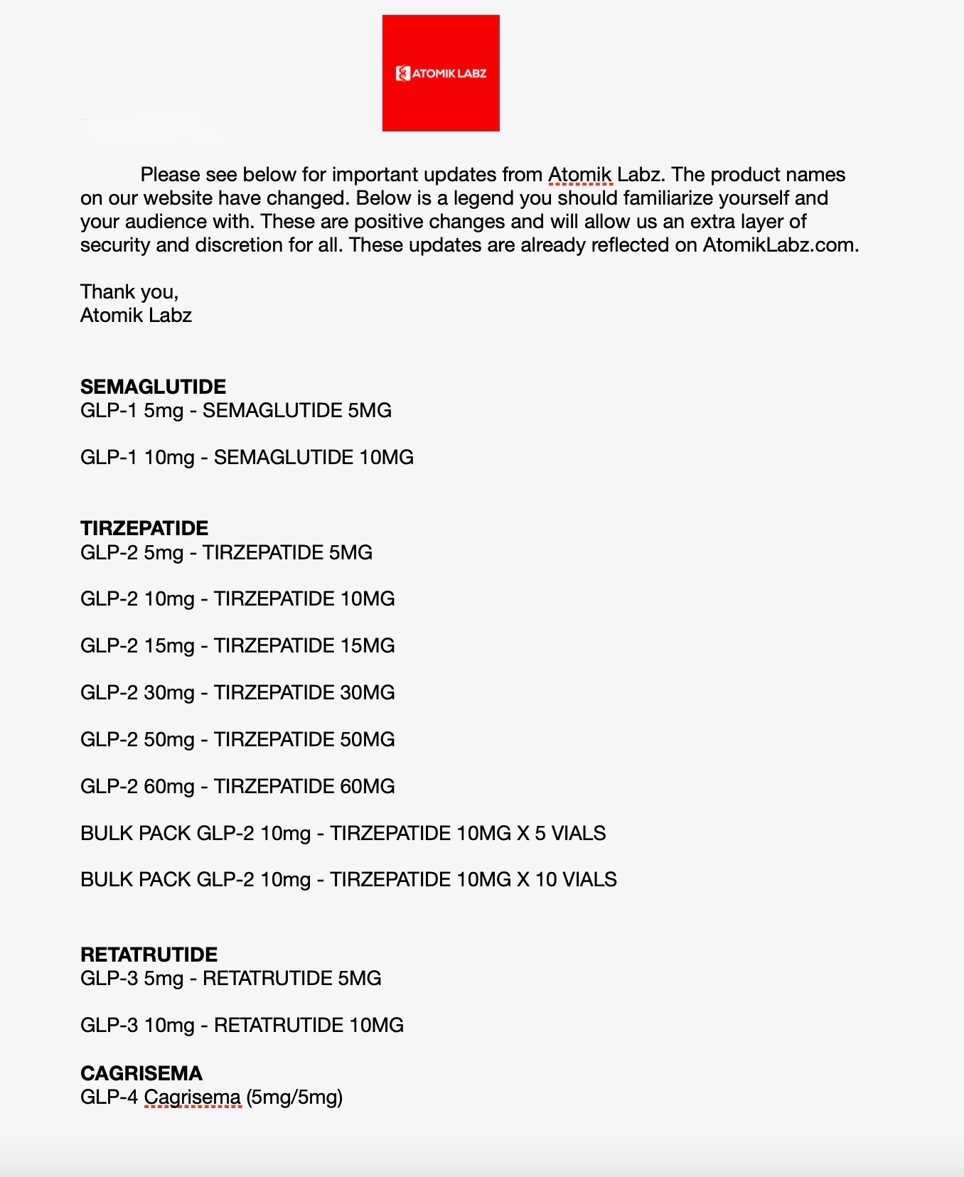 ATOMIK LABZ & Solution Peptides Ordering Legend